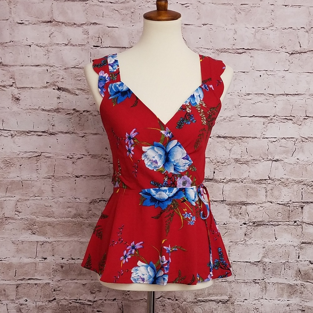 Monteau red floral wrap blouse